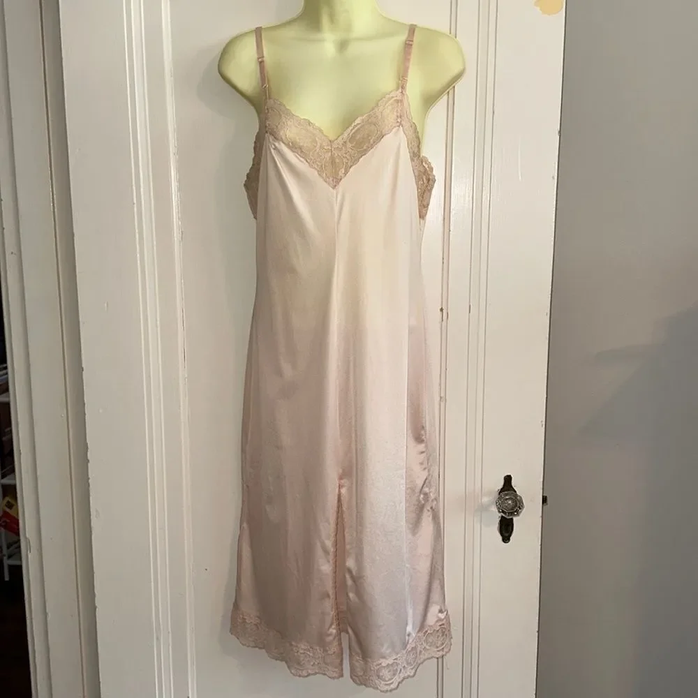 Vintage Olga light pink nylon full slip with lace trim